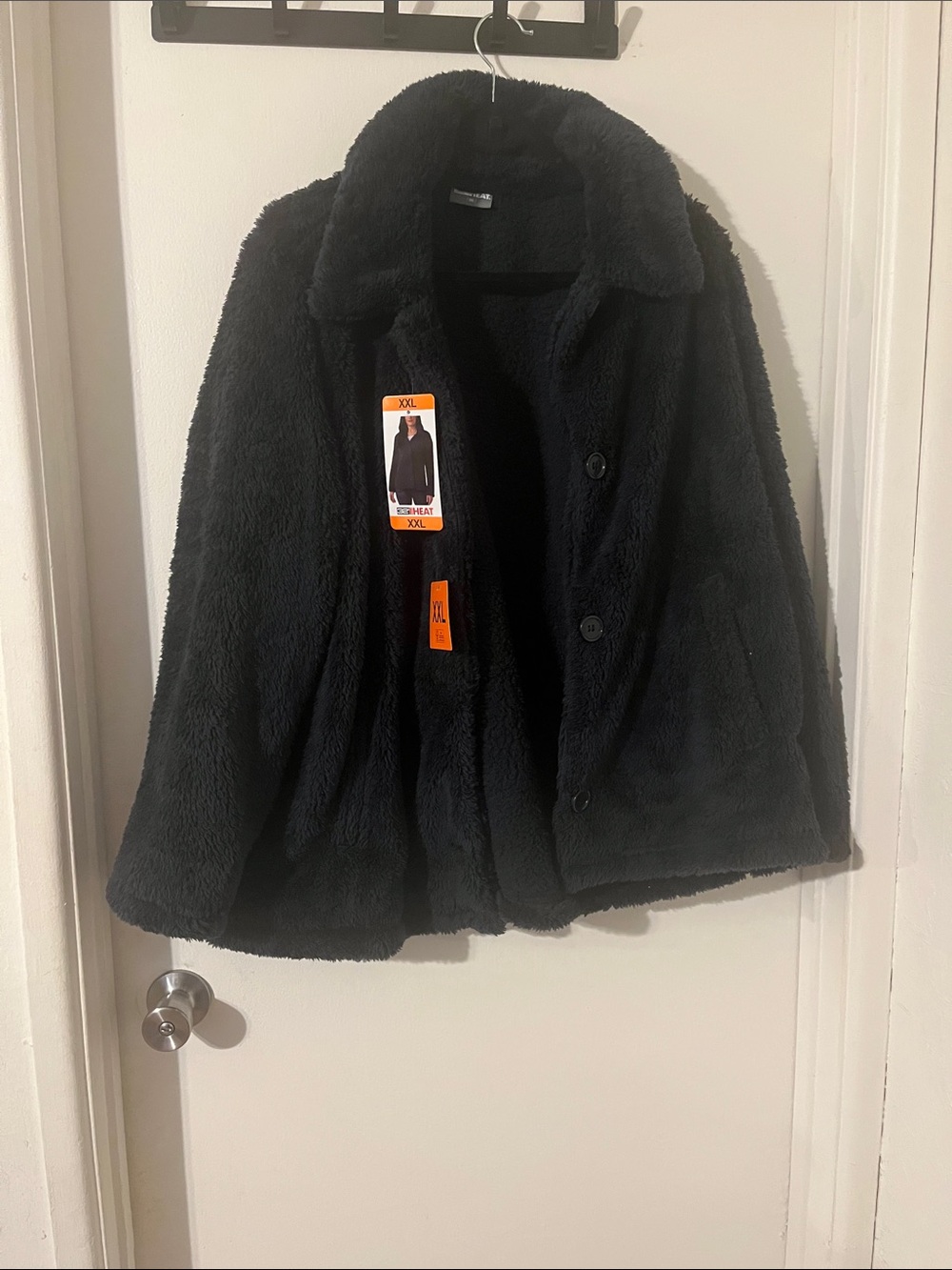 Black Plush Button-Up Teddy Coat